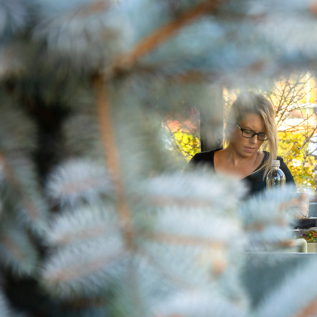 view of customer through a pine tree