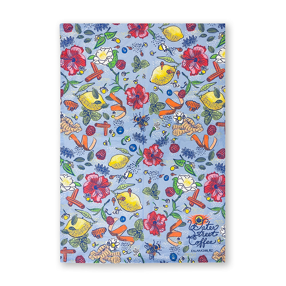 Cotton Tea Towel with Flowers Fruits and Bees